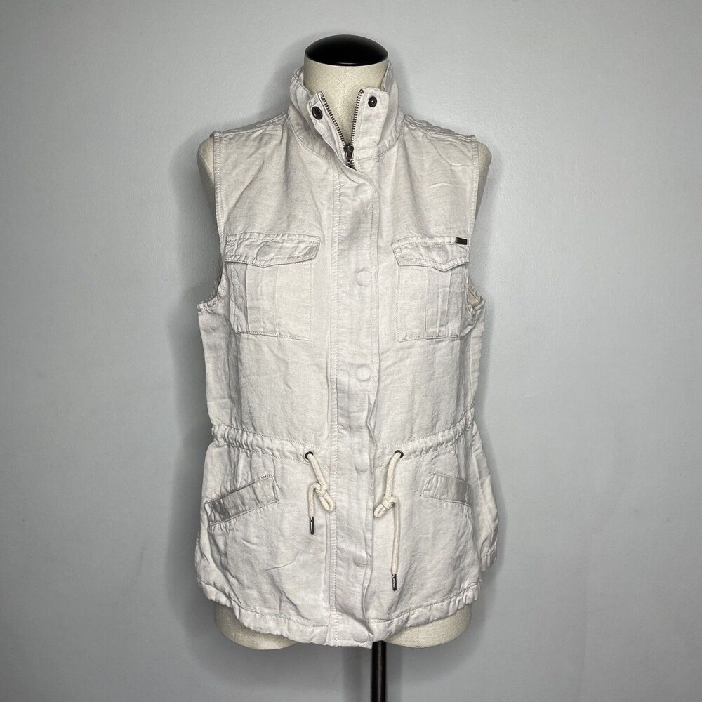Max Jeans Utility Vest Women Medium Coastal Linen Multi Pocket Safari-Chic
